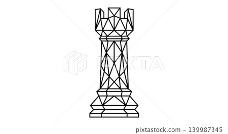 Geometric wireframe chess rook piece low poly line art illustration 139987345