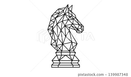 Geometric wireframe chess knight piece low poly line art illustration Geometric wireframe chess knight piece low poly line art illustration 139987348