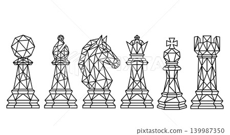 Geometric wireframe chess pieces full set low poly line art illustration Geometric wireframe chess pieces full set low poly line art illustration 139987350