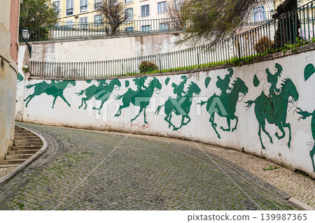 Horse Silhouette Street Art On Curved Wall In Lisbon Horse Silhouette Street Art On Curved Wall In Lisbon 139987365