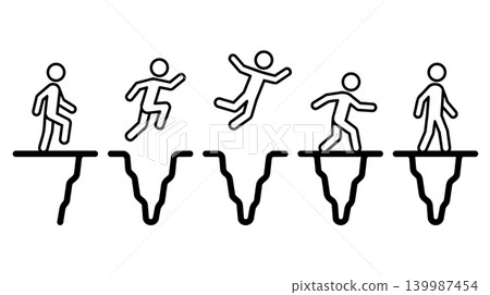 Stick figure jumping over ground crack loophole risk overcoming concept line art Stick figure jumping over ground crack loophole risk overcoming concept line art 139987454