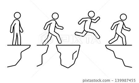 Stick figure character animation sequence jumping over cliff gap set line art Stick figure character animation sequence jumping over cliff gap set line art 139987455