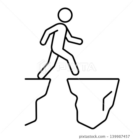 Minimalist stick figure leaping across cliff gap line art illustration Minimalist stick figure leaping across cliff gap line art illustration 139987457