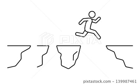 Minimalist stick figure jumping high over multiple cliff gaps line art illustration Minimalist stick figure jumping high over multiple cliff gaps line art illustration 139987461
