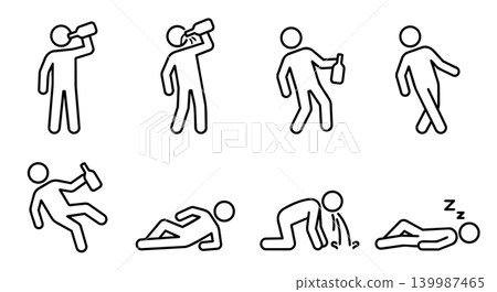 Drunk man stick figure drinking alcohol bottle vomiting and hangover icons set Drunk man stick figure drinking alcohol bottle vomiting and hangover icons set 139987465
