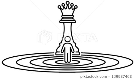 Minimalist stick figure standing in target center with chess queen line art 139987468