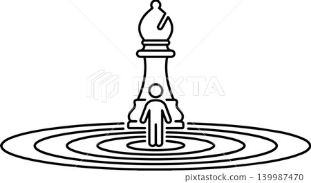 Minimalist stick figure standing in target center with chess bishop line art Minimalist stick figure standing in target center with chess bishop line art 139987470
