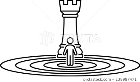 Minimalist stick figure standing in target center with chess rook line art Minimalist stick figure standing in target center with chess rook line art 139987471
