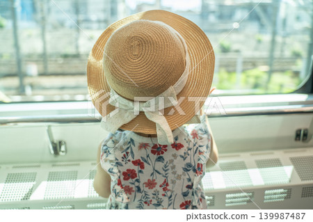 A girl looking out the window of a train. 139987487