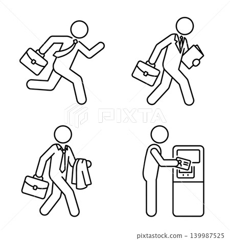 Business man stick figure daily routine commute and office icons set Business man stick figure daily routine commute and office icons set 139987525