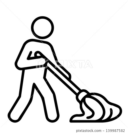 Man with mop stick figure icon, minimalist line art of cleaner holding mop for floor washing, professional cleaning service, and housekeeping concept. 139987582