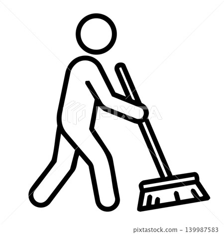 Man with broom stick figure icon, minimalist line art of cleaner sweeping floor for housekeeping, professional cleaning service, and sanitation concept. Man with broom stick figure icon, minimalist line art of cleaner sweeping floor for housekeeping, professional cleaning service, and sanitation concept. 139987583