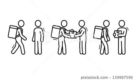 Courier delivery stick figure icon set vector. Courier with backpack handing parcel box to customer process infographic illustration 139987590
