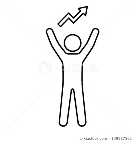 Growth success man stick figure icon, minimalist line art of person celebrating with rising arrow graph for business profit, career advancement, and achievement concept. Growth success man stick figure icon, minimalist line art of person celebrating with rising arrow graph for business profit, career advancement, and achievement concept. 139987592