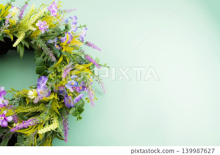 Midsummer Floral Wreath on Pastel Green Background Jonines, Ligo, Swedish Midsommar, Ivan Kupala Summer Solstice Celebration, decoration Midsummer Floral Wreath on Pastel Green Background Jonines, Ligo, Swedish Midsommar, Ivan Kupala Summer Solstice Celebration, decoration 139987627