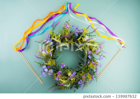 Midsummer Wreath with Maypole Ribbons. Midsummer Wreath with Maypole Ribbons. 139987632
