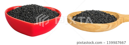 Nigella sativa or Black cumin in ceramic bowl and wooden spoon isolated on white background Nigella sativa or Black cumin in ceramic bowl and wooden spoon isolated on white background 139987667