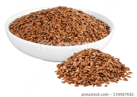 flaxseed in ceramic bowl isolated on white background. Top view. Flat lay flaxseed in ceramic bowl isolated on white background. Top view. Flat lay 139987692
