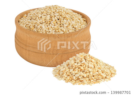 Sesame seeds in wooden bowl isolated on white background with full depth of field Sesame seeds in wooden bowl isolated on white background with full depth of field 139987701