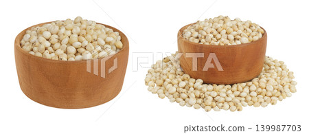Sorghum seeds in wooden bowl isolated on white background with full depth of field. Sorghum seeds in wooden bowl isolated on white background with full depth of field. 139987703