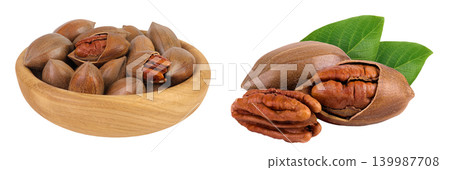 pecan nut in wooden bowl isolated on white background with full depth of field pecan nut in wooden bowl isolated on white background with full depth of field 139987708
