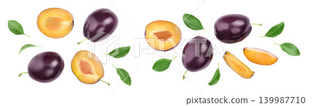 fresh purple plum and half with leaves isolated on white background with full depth of field. Top view. Flat lay fresh purple plum and half with leaves isolated on white background with full depth of field. Top view. Flat lay 139987710
