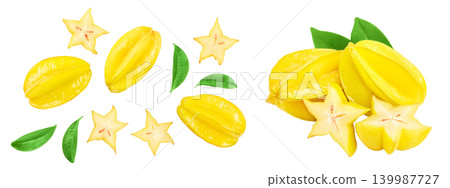 Carambola or star-fruit with leaf isolated on white background. Top view. Flat lay Carambola or star-fruit with leaf isolated on white background. Top view. Flat lay 139987727