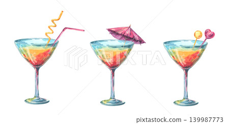 Watercolor illustration of three colorful summer cocktails in martini glasses. Hand drawn tropical drinks with straw, parasol and decoration. Refreshing beverages for summer party menu. 139987773