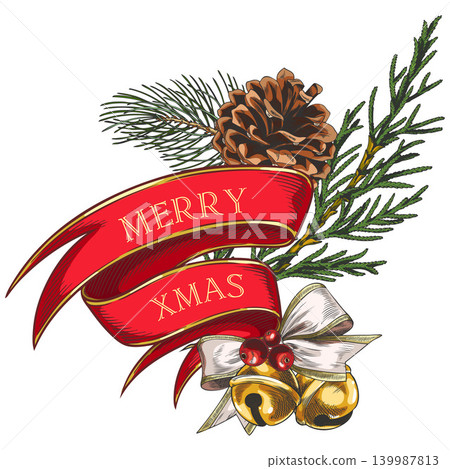 Merry Christmas red ribbon banner with conifer trees with cone and jingle bells vector sketch, winter holiday design Merry Christmas red ribbon banner with conifer trees with cone and jingle bells vector sketch, winter holiday design 139987813
