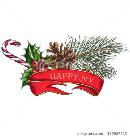 Happy New Year red ribbon banner with conifer trees with cone and candy cane vector sketch, Christmas holiday design Happy New Year red ribbon banner with conifer trees with cone and candy cane vector sketch, Christmas holiday design 139987815