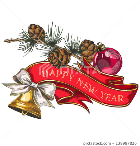 Happy New Year ribbon banner with conifer trees cone and jingle bells sketch, vector hand drawn winter holiday design Happy New Year ribbon banner with conifer trees cone and jingle bells sketch, vector hand drawn winter holiday design 139987826