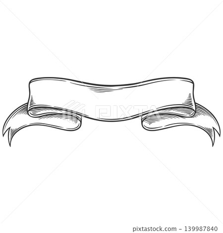 Ribbon banner, vintage title ribbon sketch style, vector hand drawn engraved curve headline frame with curly forked ends Ribbon banner, vintage title ribbon sketch style, vector hand drawn engraved curve headline frame with curly forked ends 139987840