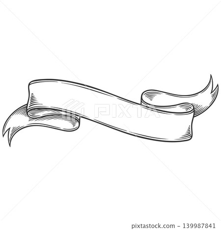 Vintage illustration of a blank, curved ribbon with double ends, in an engraving style. Vintage illustration of a blank, curved ribbon with double ends, in an engraving style. 139987841