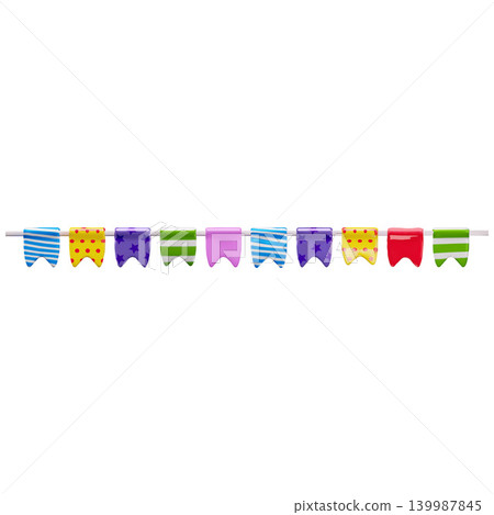 A straight line of bright festive 3D flags with forked ends featuring stars, stripes, polka dots. A straight line of bright festive 3D flags with forked ends featuring stars, stripes, polka dots. 139987845