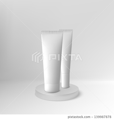 Two white blank cosmetic tubes of different shapes on a round podium, isolated on a gray background 139987878