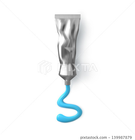 Realistic deformed metal tube, open, without a label, with extruded blue paint. 139987879