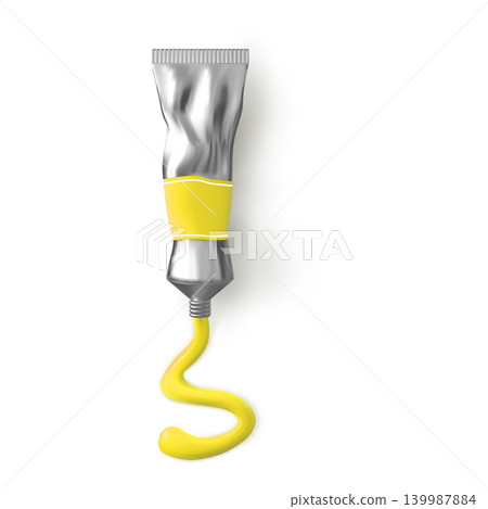 An aluminum tube with yellow paint squirting out on a white background. 139987884