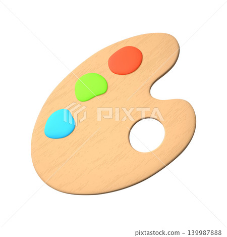 Painters palette vector 3D realistic icon, artist paint wooden palette for mixing colors, blue, red and green colors 139987888