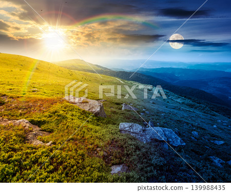 day meet night. mountain summer time landscape. sun and moon over meadow with giant stones among the grass on the hillside. epic view near the peak of mountain smooth at twilight. harmony concept 139988435