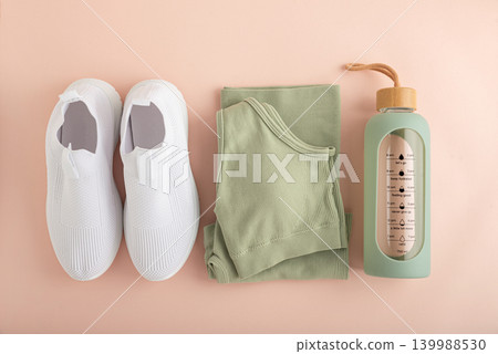 Fitness essentials preparing for a healthy workout concept Fitness essentials preparing for a healthy workout concept 139988530