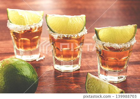 Slices of fresh lime on tequila glasses placed on a wooden table, in daylight, no people Slices of fresh lime on tequila glasses placed on a wooden table, in daylight, no people 139988703