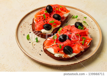 sandwiches with red fish, cream cheese, olives and microgreens, breakfast, sandwiches with red fish, cream cheese, olives and microgreens, breakfast, 139988711