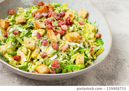 Brussels sprouts Caesar salad, with bacon and croutons, healthy food, homemade, no people, Brussels sprouts Caesar salad, with bacon and croutons, healthy food, homemade, no people, 139988733