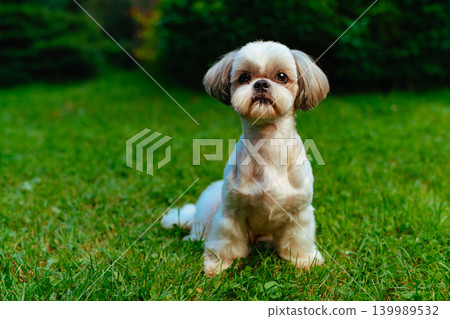 Shih tzu dog sitting on grass in garden 139989532