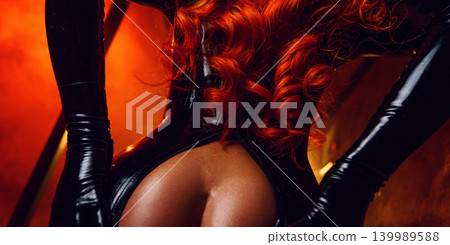Bdsm style woman in black latex with naked booty 139989588