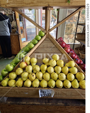 Cordoba, Argentina - April 9, 2026: vertical fruit display with pears apples and limes Cordoba, Argentina - April 9, 2026: vertical fruit display with pears apples and limes 139989829