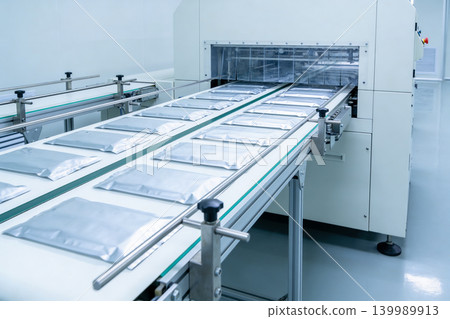 Automated packaging line processing sealed silver pouches on a conveyor belt Automated packaging line processing sealed silver pouches on a conveyor belt 139989913