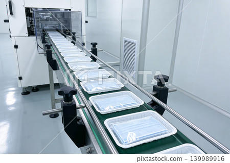 Automated production line packaging medical face masks in sterile factory environment Automated production line packaging medical face masks in sterile factory environment 139989916