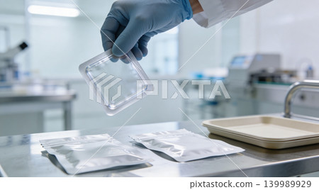 Scientist in blue gloves holds sterile packaging in a clean laboratory environment Scientist in blue gloves holds sterile packaging in a clean laboratory environment 139989929
