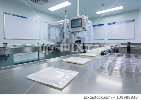 Cleanroom packaging line with automated machinery and sterile product handling 139989930
